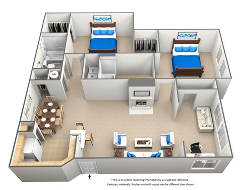 Floor plan for 2 beds, 2 baths, 1073 sqft
